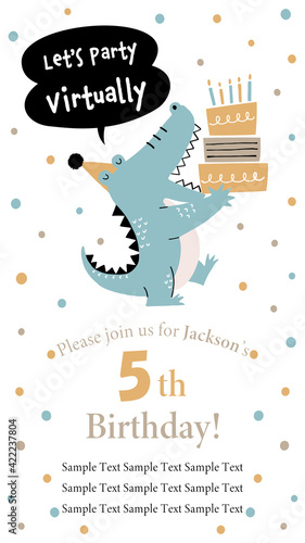 Virtual birthday party invitation template with cartoon crocodile and birthday cake.