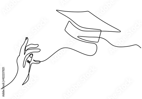 One line drawing group of young happy graduate hand's college student jump while throwing the graduation cap. A male express to celebrate his school graduation. Education celebration concept