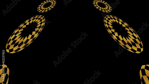 Art Deco gold pattern on a black background, which tilts up and moves down, composed of geometric shapes typical of the style, in 4K and 16:9 video format.