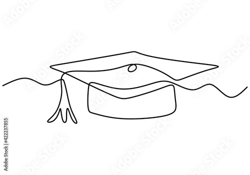 Continuous line drawing of graduation cap. Academical graduation hat equipment element icon template concept. Celebration ceremony master degree academy graduate sketch outline vector illustration