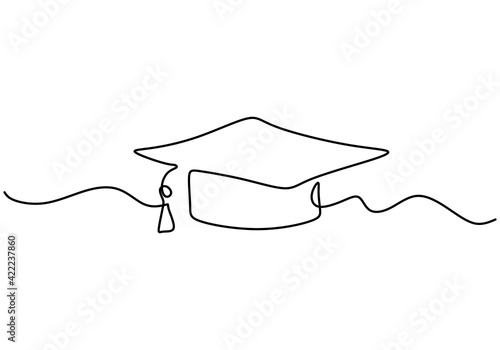 Continuous line drawing of graduation cap. Academical graduation hat equipment element icon template concept. Celebration ceremony master degree academy graduate sketch outline vector illustration photo