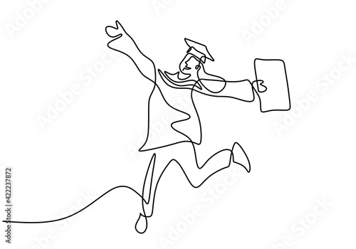 Continuous line drawing of young happy students graduate college student jumping joyfully and wear graduation isolated on white background. Education celebration concept. Vector sketch illustration