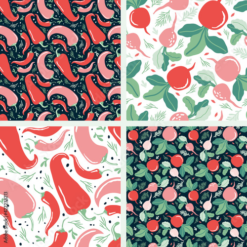Set of seamless patterns from farm products peppers, radishes, greens, hot chili. Background of natural and healthy vegetables. Hand drawn vector illustration vegetarian healthy food.