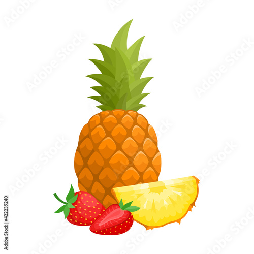 Cartoon bright natural strawberries and pineapple isolated on white.