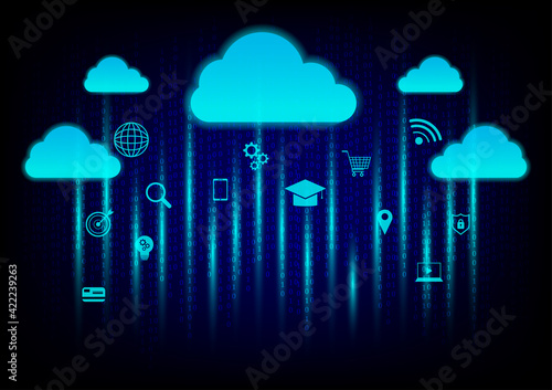 Cloud data storage concept. Cloud computing, wifi, money, data and lock security Communication of business and financial on binary code background.