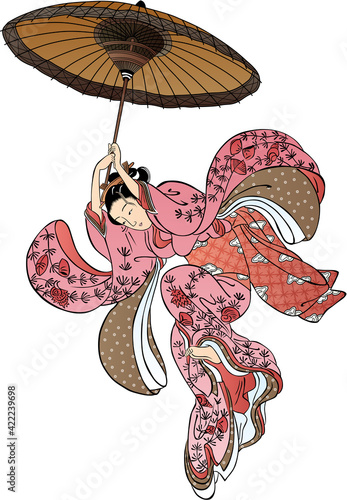 浮世絵　傘で飛ぶ和服美人　その2