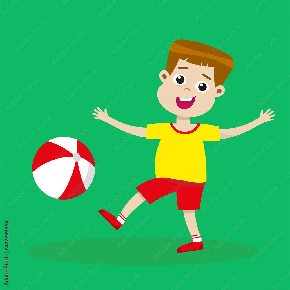 Cute boy playing with ball. Smiling kid with beachball. Happy childhood concept. Summer activities. Isolated flat vector illustration. Cute boy playing with ball. Smiling kid with beachball. Happy childhood concept. Summer activities. Isolated flat vector illustration.