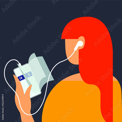 vector illustration of a girl listening to an audiobook online using a phone.imitation of turning pages of a virtual book.can be used as an element of web design, icons, banners for audiobook services