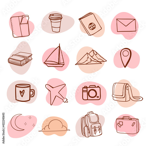 
travel doodle icon set for stories covers