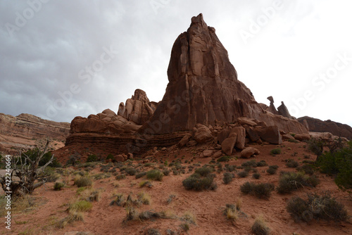 Moody view of the red sandstone formations at Arches National Park in Utah on a cloudy and stormy day