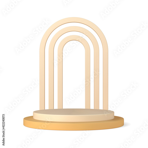 Podium 3d with triple openwork arch vector template. Exhibition pastel color for presentations with white round hoop.