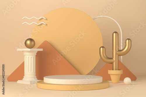 Boho interior minimal scene with podium and geometric forms 3d vector illustration