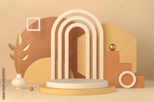 Boho interior minimal scene with podium and geometric forms 3d vector illustration