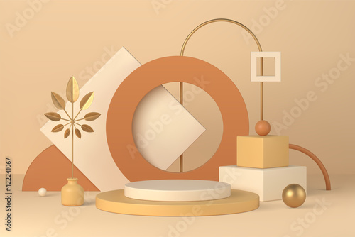 Boho interior minimal scene with podium and geometric forms 3d vector illustration
