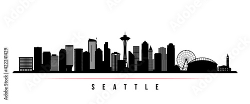 Seattle skyline horizontal banner. Black and white silhouette of Los Angeles, California. Vector template for your design.