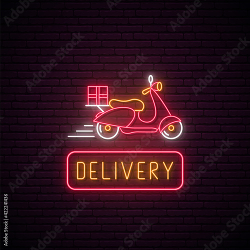 Neon delivery scooter sign. Glowing food delivery emblem with courier motorcycle and text on brick wall background. Vector fast food concept illustration.