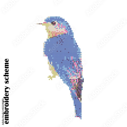 Blue spring bird. Bird embroidery scheme. Vector illustration isolated on white background. Pixel art