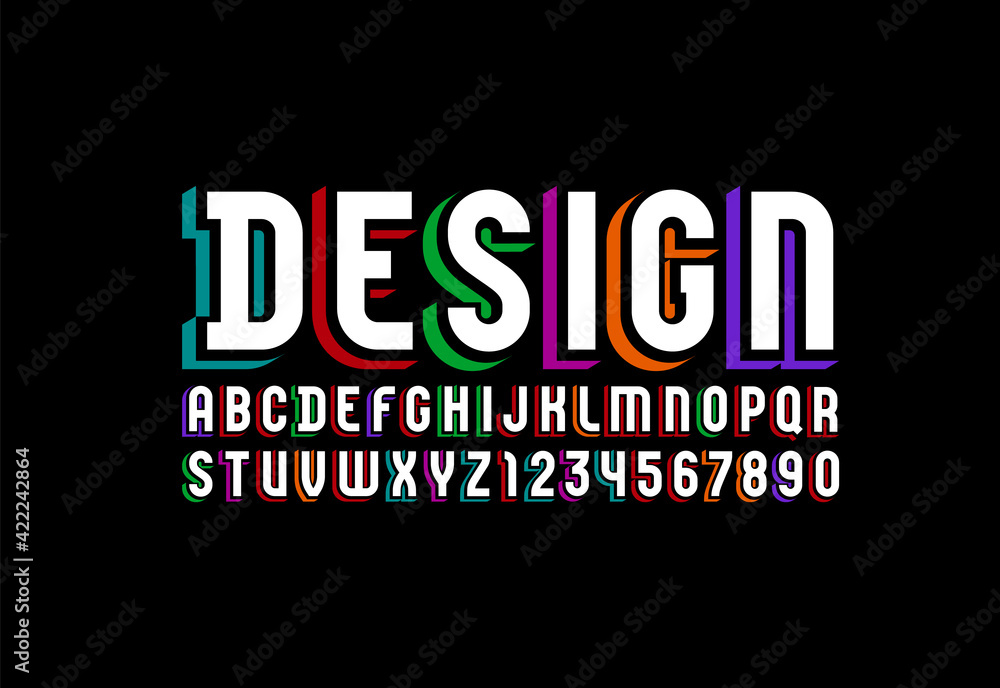 3D white font, trendy bright alphabet, condensed letters and numbers with multi colored shadow, vector illustration 10EPS