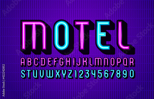 3D modern Font, trendy bright alphabet, condensed letters and numbers of neon color, vector illustration 10eps