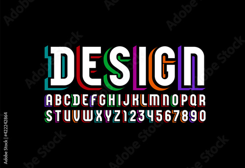 3D white font, trendy bright alphabet, condensed letters and numbers with multi colored shadow, vector illustration 10EPS