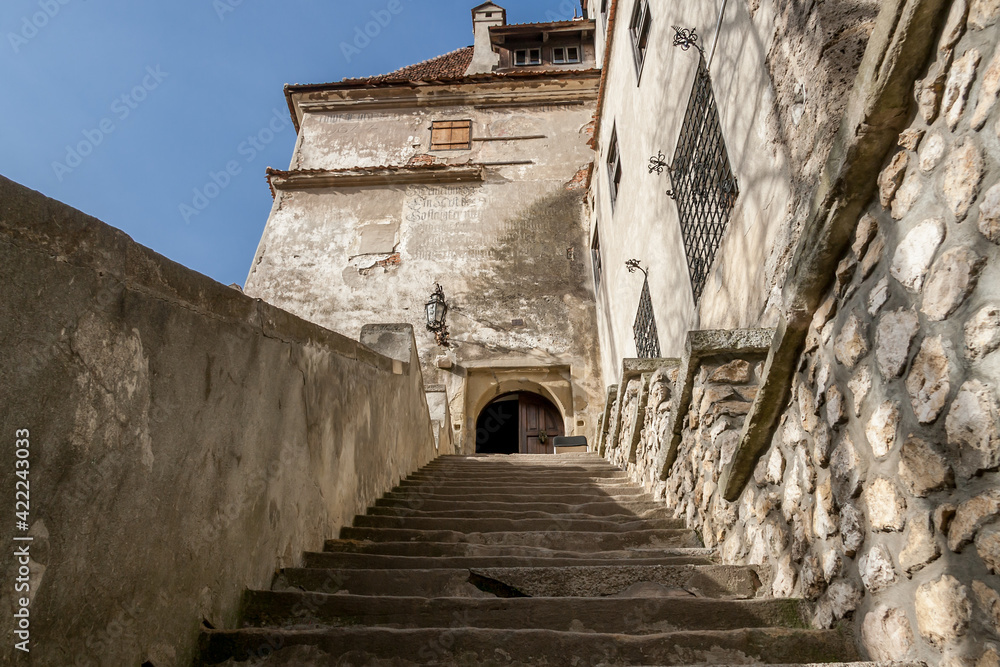 Main entrance staircase of the medieval Castle of Bran, known as the castle of count Dracula. Brasov, Transylvania. Romania.