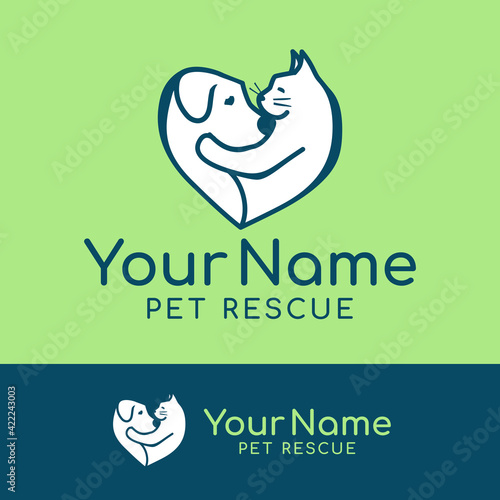 Dog and cat, pet caring logo with heart shape. Animal rescue modern symbol.