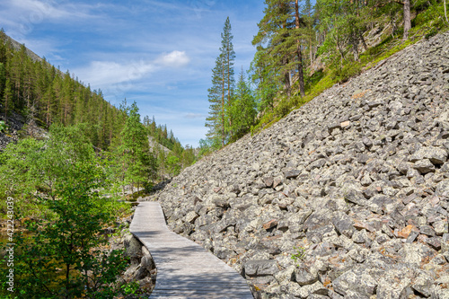 View of The Pyha-Luosto National Park in summer, wooden walkway and rocks, Lapland, Finland photo