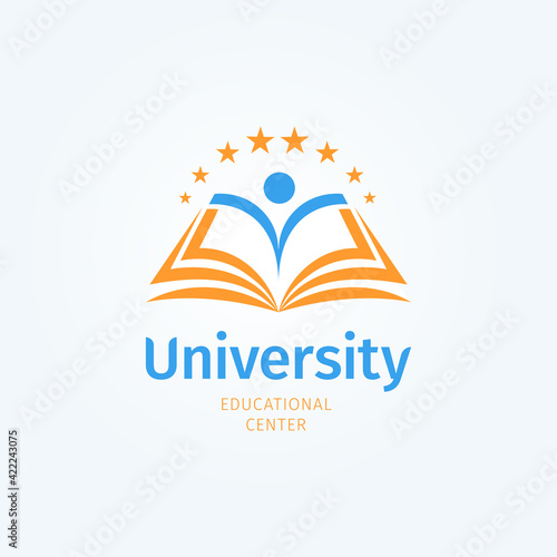 School logo. Open book and student silhouette. Knowledge and education symbol. University, Library and bookstore logotype template. Vector illustration