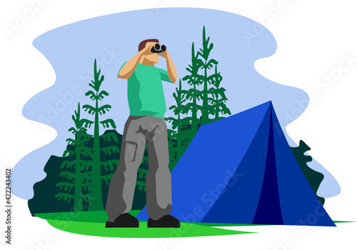 Man with backpack, traveller or explorer standing on top of mountain or cliff and looking on valley. Concept of discovery, exploration, hiking, adventure tourism and travel. Flat vector illustration.