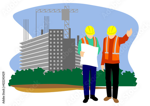 Builder vector illustration. male builder. Illustration templates for any business identity architecture, property, real estate, residential solutions, home staging, building engineer, etc.