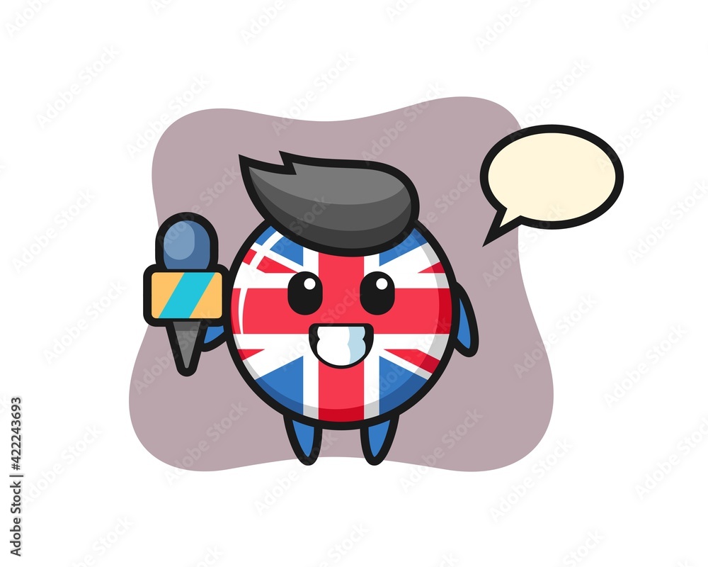 Character mascot of united kingdom flag badge as a news reporter