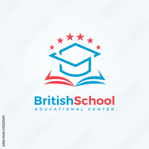 British School logo. Open book and graduation cap icon. Knowledge and education symbol. University, Library and bookstore logotype template. Vector illustration