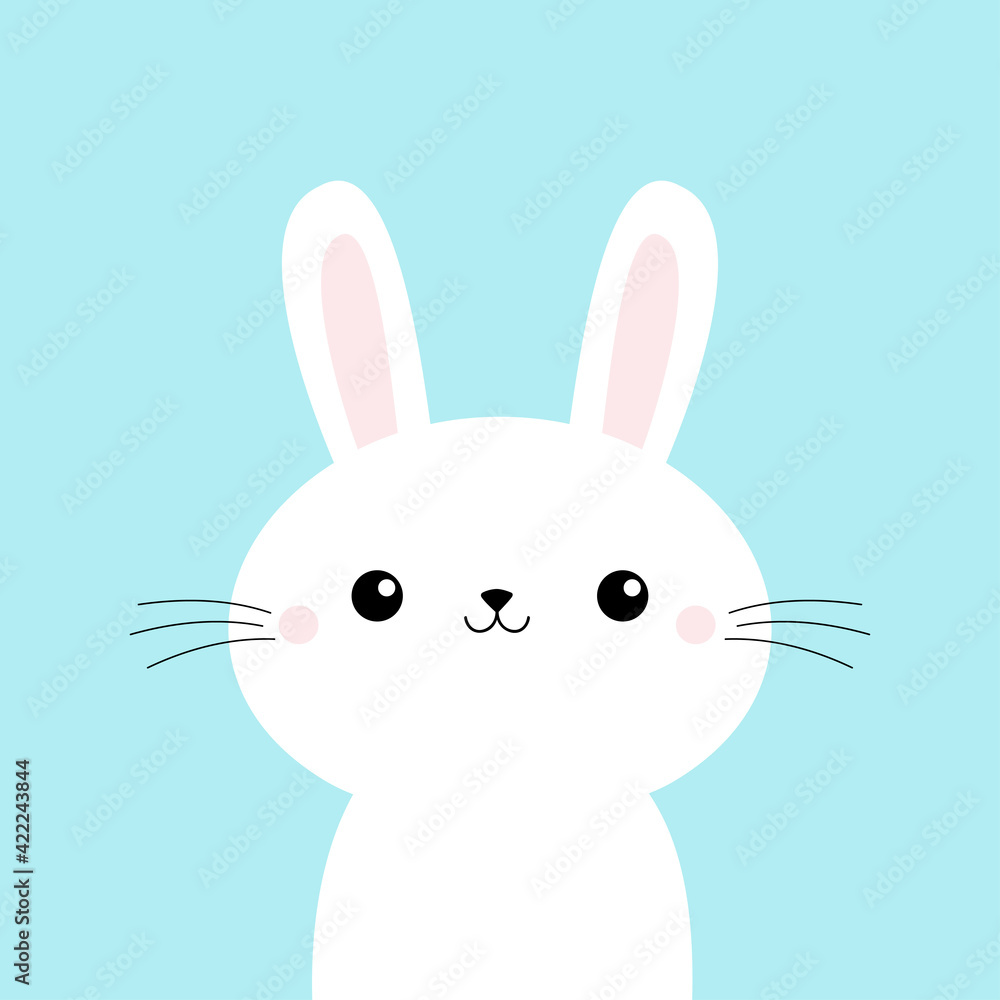 Obraz premium Cute bunny rabbit face head. Cartoon kawaii funny smiling baby character. Long ears. Farm animal collection. Happy Easter. Spring greeting card. Flat design. Blue background. Isolated.