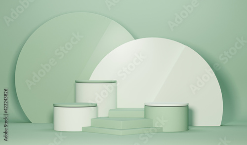 Minimal scene with podium and abstract background. Pastel blue and white, green colors scene. Trendy 3d render for social media banners, promotion, cosmetic product show. Geometric shapes interior.