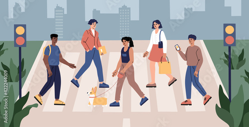 Pedestrians cross the road, men and women, students and workers crosswalk moving by road in the city street, traffic lights, urban lifestyle, hand drawn modern trendy flat cartoon vector illustration