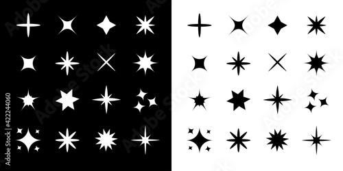 Stars Sparkles sign symbol set. Decoration twinkle element. Cute shape collection. Shining effect. Flat design. Black and white background.