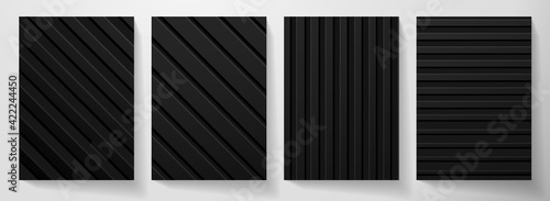 Modern blank black background design set. Creative dynamic diagonal, line pattern (geometric stripe ornament). Abstract graphic vector background for cover, vertical business page, flyer template