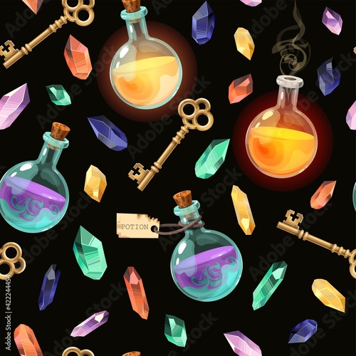 Vector seamless pattern with crystals and potions