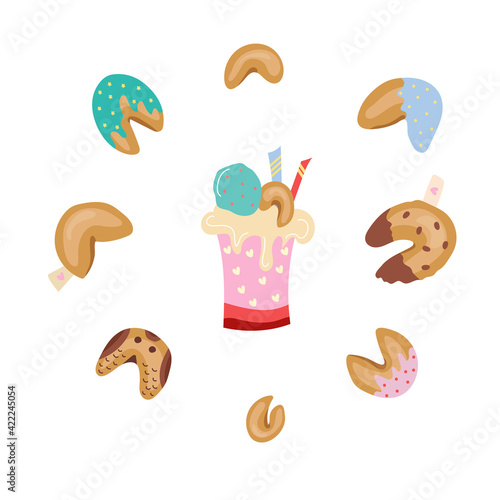 Set of fortune chinese cookies and pink milkshake. Cartoon vector illustration.