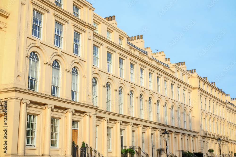Facade of Georgian style terraced houses in Marylebone, London