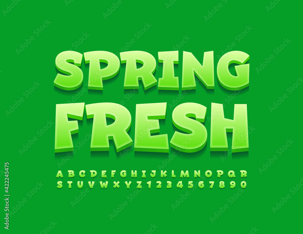 Vector green banner Spring Fresh. Creative modern Font. Cute Alphabet Letters and Numbers set Vector green banner Spring Fresh. Creative modern Font. Cute Alphabet Letters and Numbers set