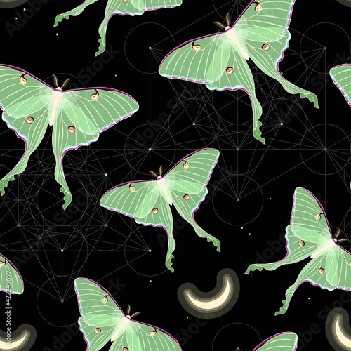 Vector seamless pattern with moon moth and stars