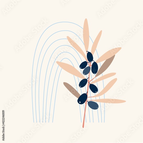 Composition of abstract shapes and botanical elements, style of minimalism , hand drawn. Packaging, wallpaper, poster, room interior decor, design for textiles, postcard, concept, clipart, vector