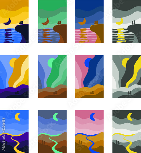 Abstract landscape colorful background. Mountain, sea, river, aurora boreal art poster. vector illustration