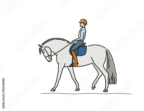 Young dressage rider man on horse isolated on white background. Vector illustration