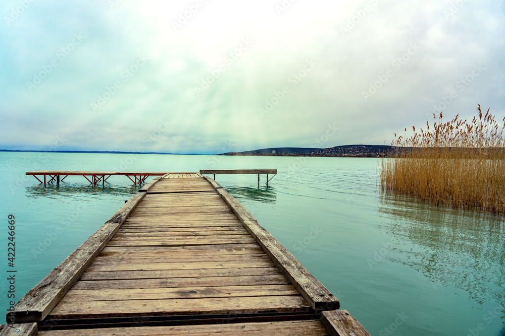 Wooden pier on the Lake Balaton in Balatonfuzfo Hungary