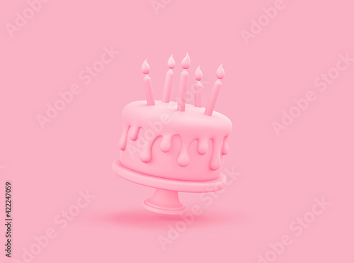 Wall Mural Pink birthday cake with candles on pastel pink background