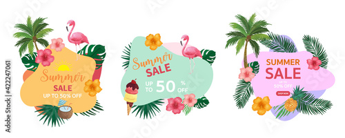 Collection of summer sale background set with flamingo,coconut tree.Editable vector illustration for invitation,postcard and website banner
