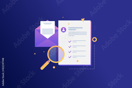 Application form, resume, an envelope with the letter, magnifier on a blue background. Job search and selection of vacancies. Applying for a job, vector illustration.