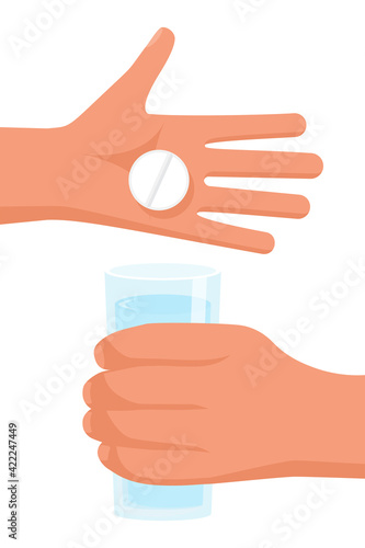 Taking medications. Man holds in hands the pills and a glass of water. Vector illustration flat design. Take painkillers pills. Medical treatment concept. Healthcare. Taking the pills.